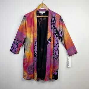 Caroline Rose Black Multi Colored Open Flowy Animal Print Cardigan Jacket L new